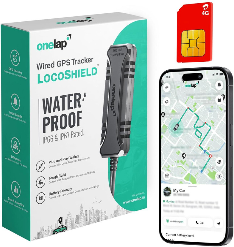 onelap LocoShield Wired- IP67 Waterproof GPS Tracker for Car, Bike, Scooty | Mobile App GPS Device(Black)