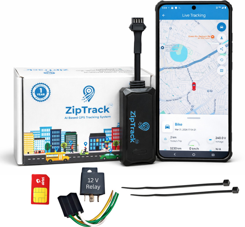 ZipTrack ZT02 Smart GPS Tracker for Bike Car Tractor Bus + 1 month SIM Data Plan GPS Device(2 Maps, Black)