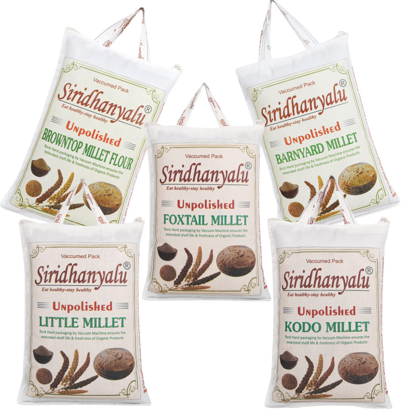siridhanyalu Organic 5 Positive Millets (Kodo Little Foxtail Barnyard & Browntop) Unpolished Combo(Nwt.: 4.6 kg (Pack of 5, 920g Each Millets))