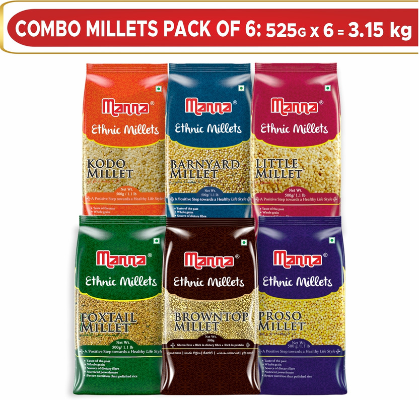 Manna Browntop, Foxtail, Kodo, Proso, Barnyard & Little High Fiber Unpolished Mixed Millet(3.15 kg, Pack of 6)