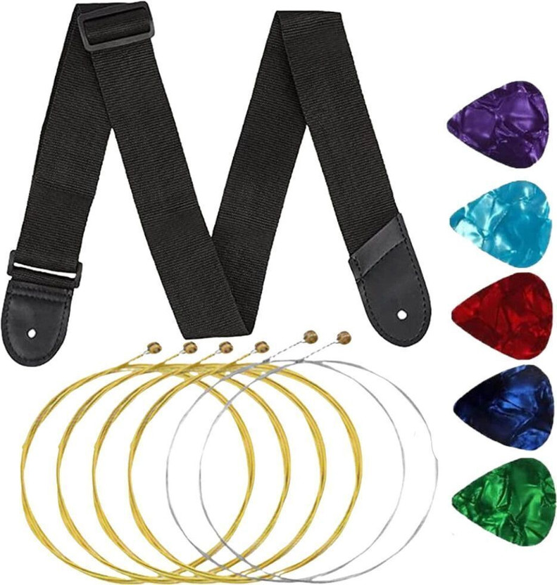 Urban Infotech Acoustic Guitar Strap for Acoustic Guitar Black Guitar Belt with stringg and Picks Guitar String(6 Strings)