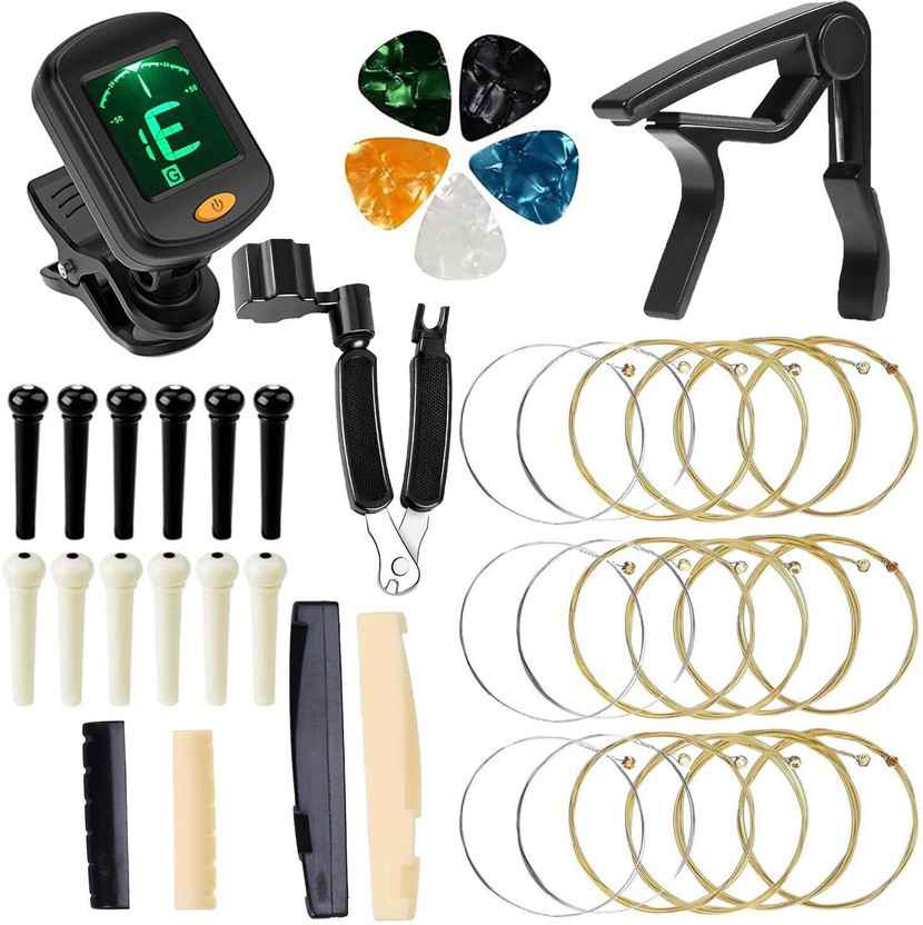 IMAGINEA Acoustic Guitar Accessories Tool Kit, 3 Strings, Tuner, Capo, Winder Tool, Saddle Set Guitar String(6 Strings)