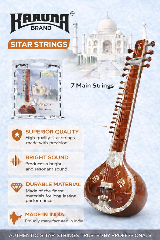 KARUNA Acoustic SITAR WITH TARAFDAAR STRING SET 18 A7 Guitar String(18 Strings)