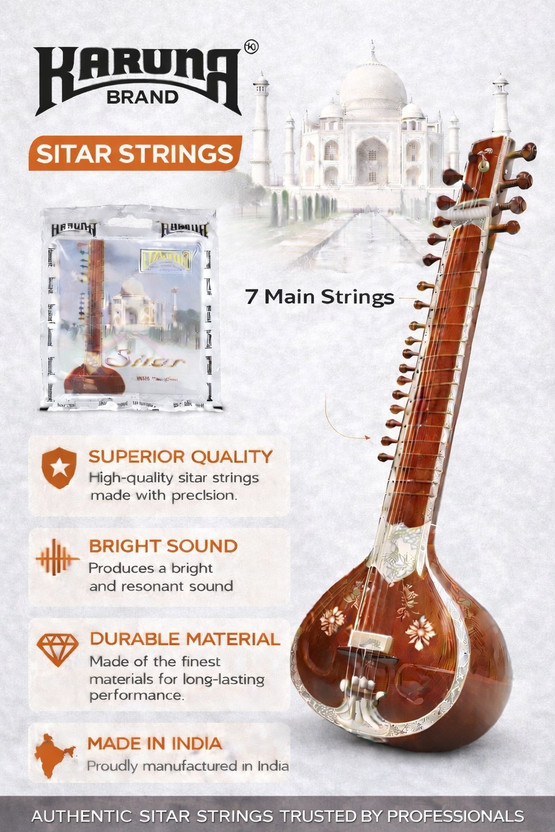 KARUNA Acoustic SITAR WITH TARAFDAAR STRING SET 18 A2 Guitar String(18 Strings)