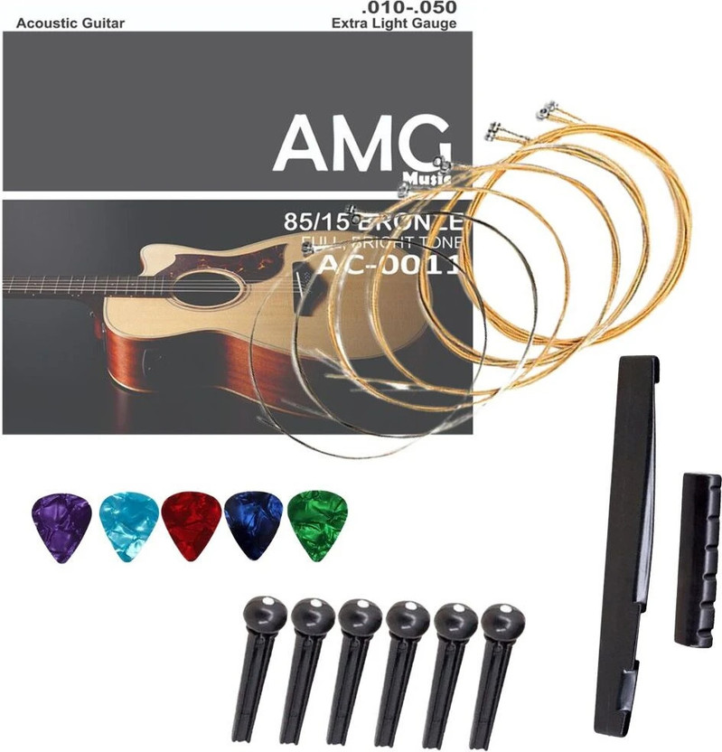 Mocking Bird Acoustic Guitar Stainless Steal String Set with Saddle Set & Picks for Acoustic Guitar Guitar String(6 Strings)
