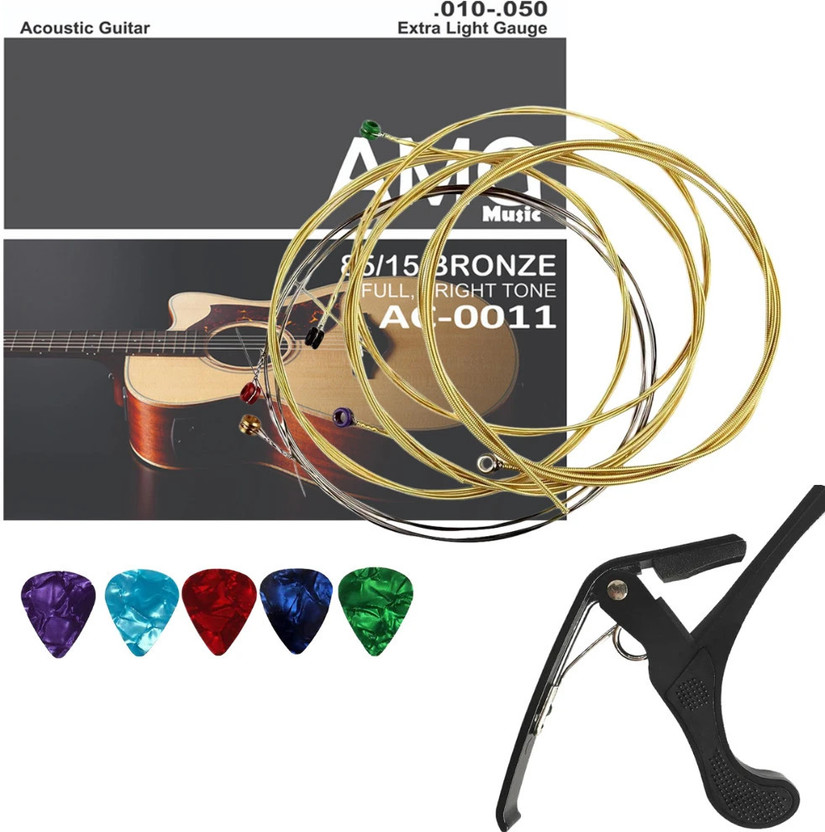 AMG Music Acoustic Guitar Strings Set Stainless Steel Replacement Guitar Strings with Guitar Capo Guitar String(6 Strings)