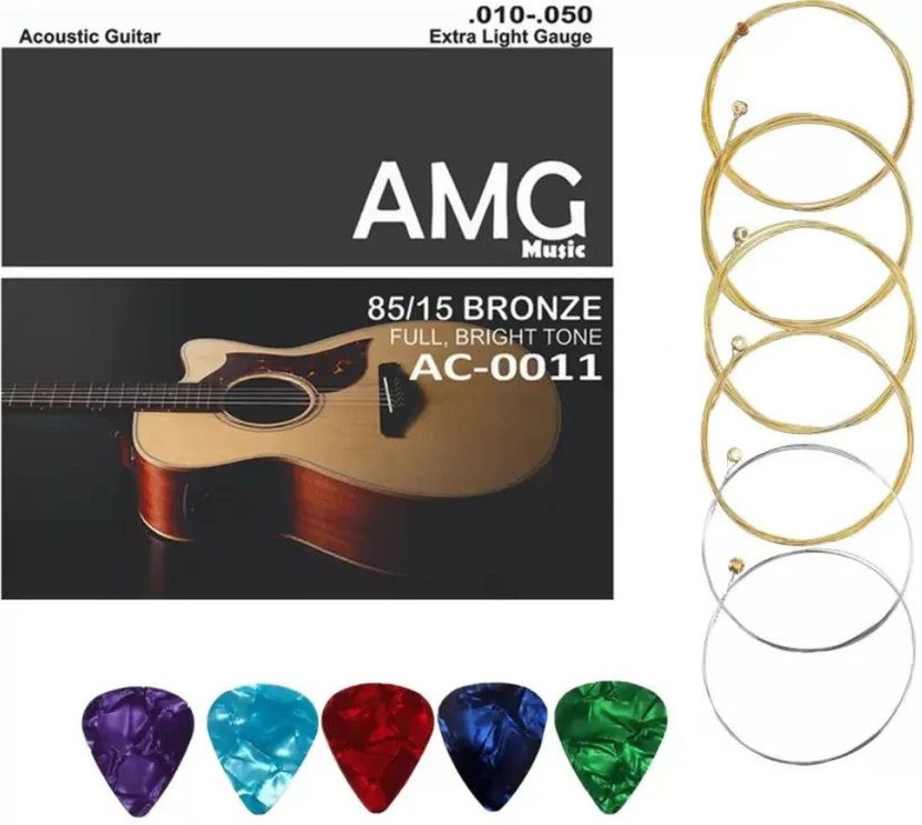 AMG Music Acoustic Guitar Strings Set of 6 Stainless Steel Replacement Guitar Strings with Picks Guitar String(6 Strings)