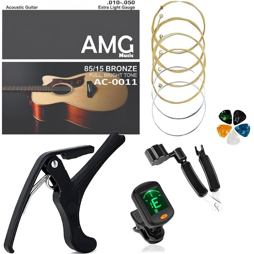 AMG Music Acoustic Guitar String Set with Guitar Capo ,Tuner and Guitar String Winder with Picks Guitar String(Pack of 5, 6 Strings)
