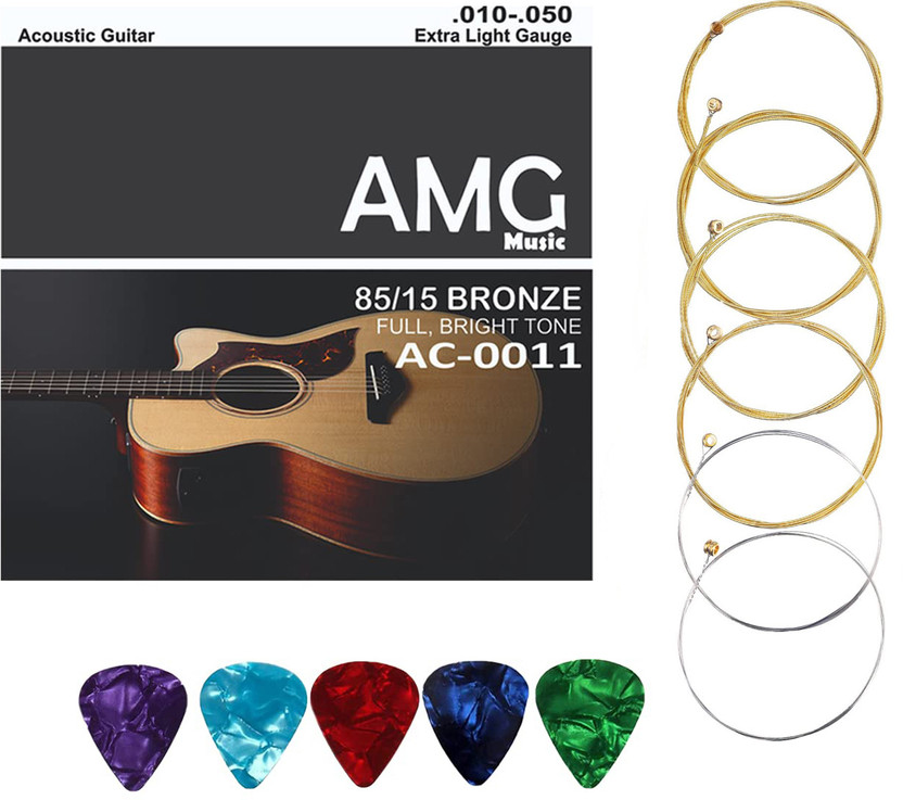 AMG Music Acoustic Guitar String Set Light Stainless Steel String Set 6 With Picks Bright Tone Guitar String(6 Strings)