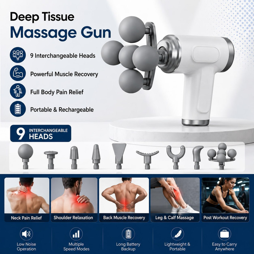 DIOXIT DIOXIT Rechargeable Mini Massage Gun with 9 Interchangeable Heads 4 Muscle Relaxation - Flipkart Deal