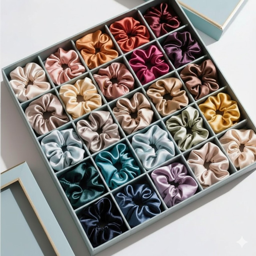HARSHASS HARSHASS Premium Satin Scrunchies for Women, Girls Pack of 24 Same Color as Pic Rubber Band(Multicolor) - Flipkart Deal