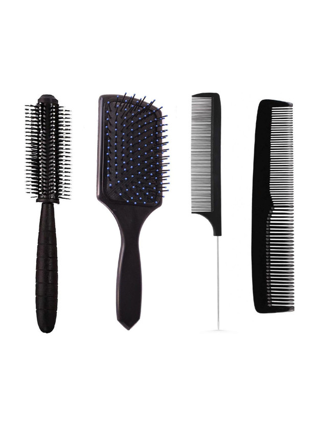 E-DUNIA Best Hair Brush Combo of Black Carbon Rat Tail comb With Steel handle, Round Hair Comb, Paddle Hair Brush with Soft Nylon Bristles & Simple Normal use Brush for Women and Men