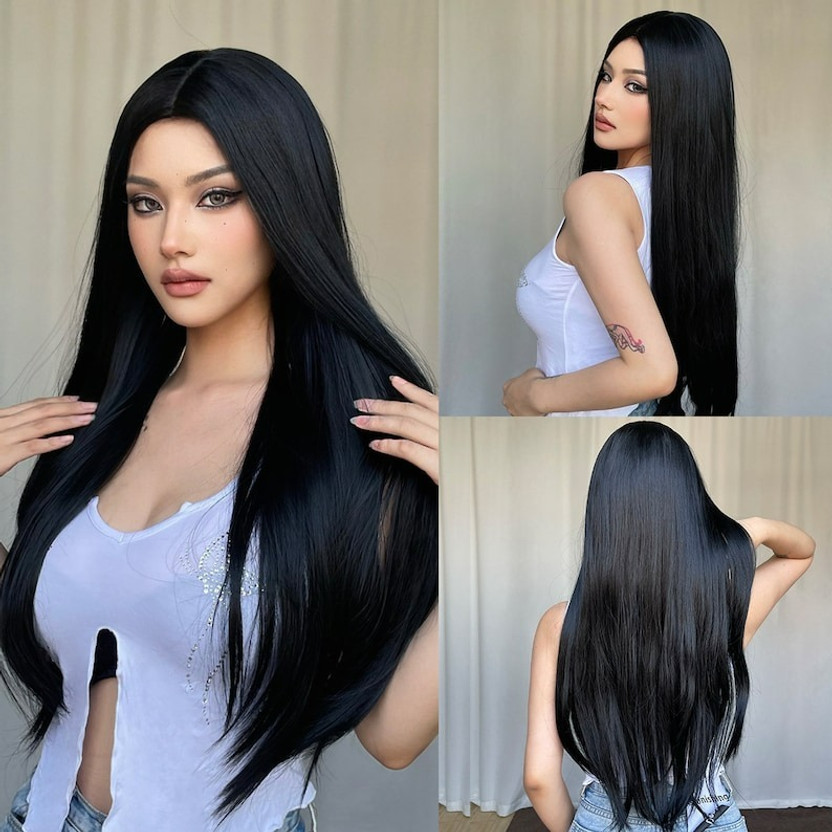 Hamsri Full Head Black Straight Long  Wig For Women Hair Extension
