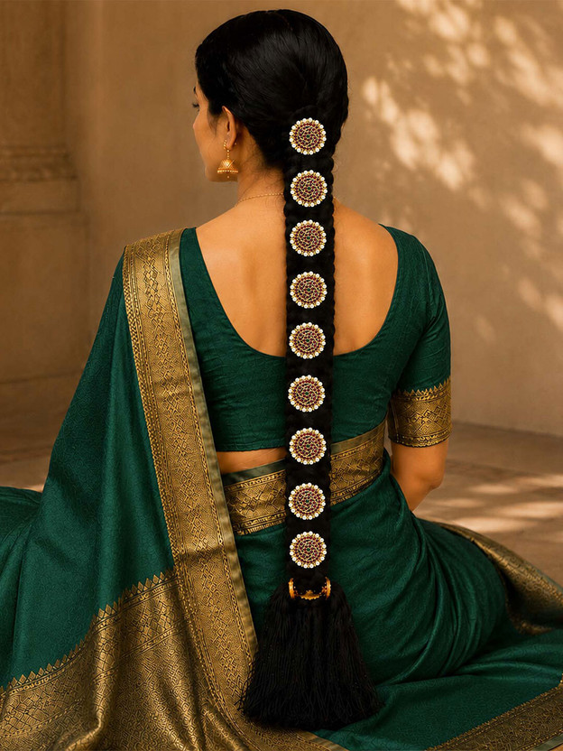 Vama Fashion Traditional Gold Plated With Stone Bridal Wedding Collection Antique Finish Jada Billalu Hair Choti Accessory Indian Classical Hair Accessory Set(Multicolor)