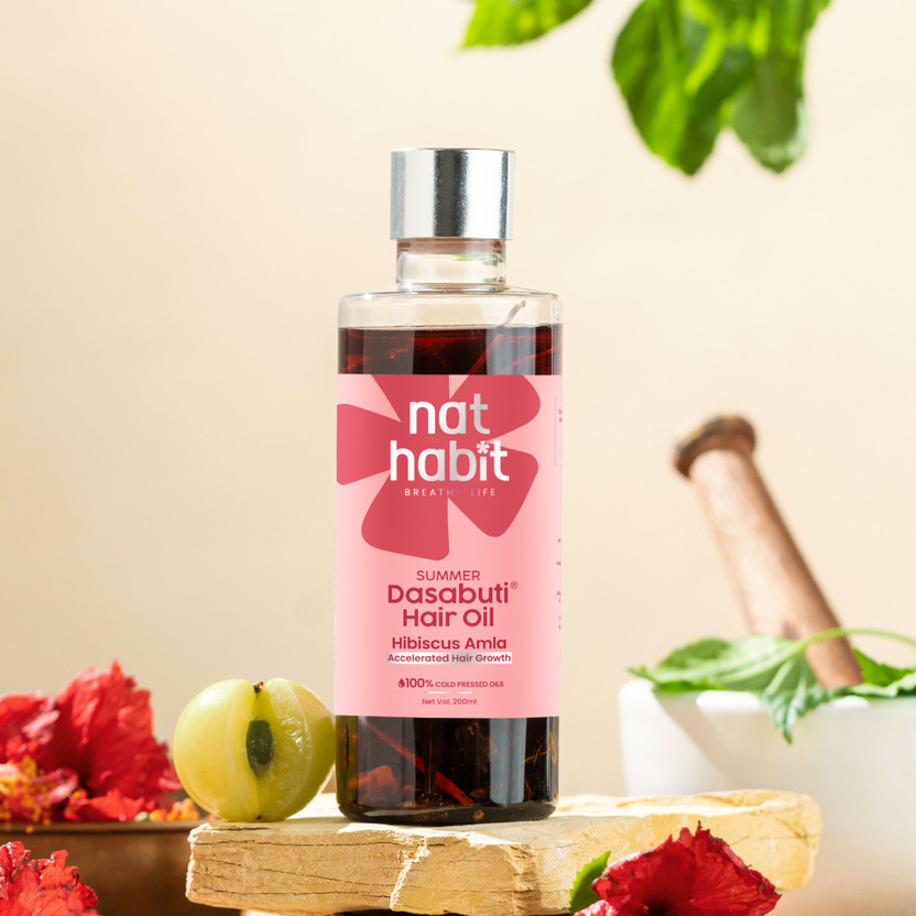 Nat Habit Hibiscus Amla Hair Growth Summer Dasabuti Hair Oil | Hair Fall, Massage, Dry, Frizzy Hair Treatment | Ayurvedic, Herbal, Fresh Made | 16 Herbs Heat Soaked | Castor, Coconut, Amla (200ml) Hair Oil(200 ml)