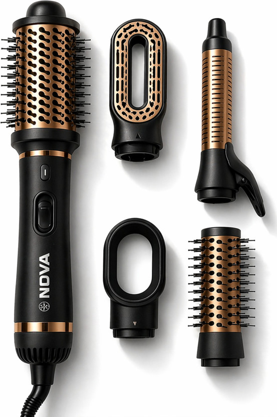 NOVA 6 in 1 Hot Air Brush for Women | One Step Dryer, Volumizer and NHP 8229 Hair Straightener Brush(Black)