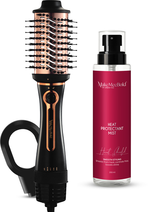 MakeMeeBold Combo of 3-in-1 Hot Air Brush & Heat Protectant Spray | Hair Straightener Brush(Rose Gold)