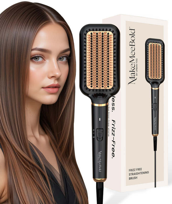 MakeMeeBold Frizz-Free Hair Straightening Brush | 73mm Large Paddle Design | Electric Comb for Women | 2 Heat Settings 180°C & 210°C | Auto Shut-Off & 360° Hair Straightener Brush(Black)