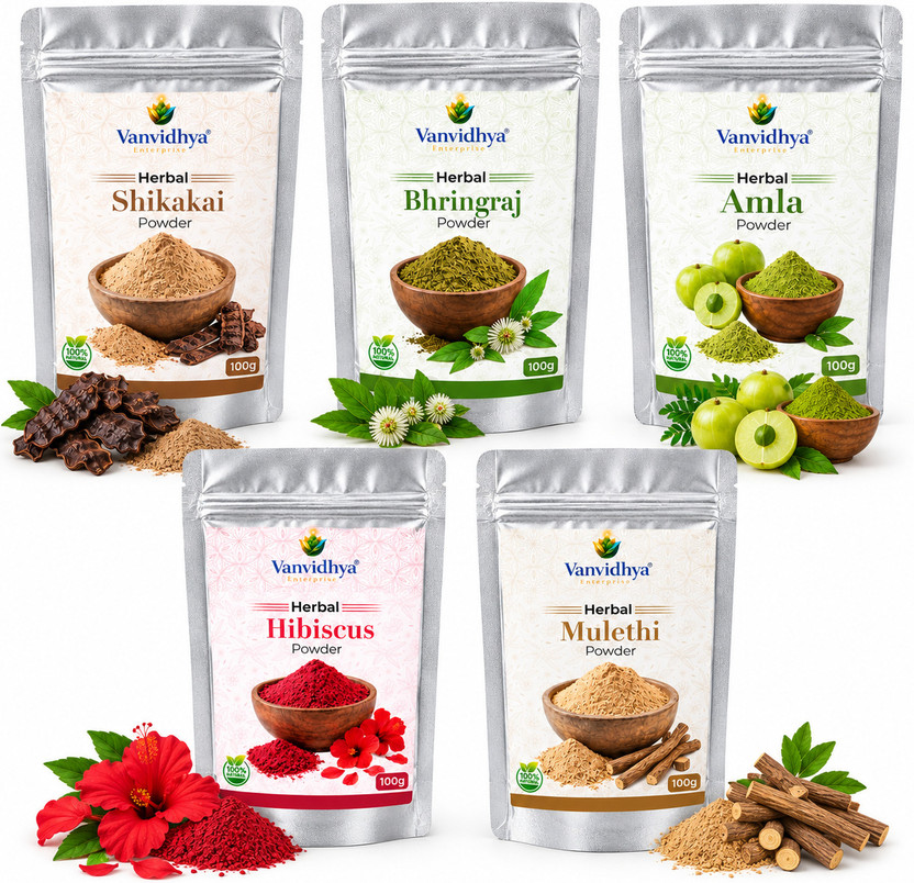 vanvidhya vanvidhya Amla Bhringraj Shikakai Hibiscus Mulethi Powder Combo Pack(500 g) - Flipkart Deal