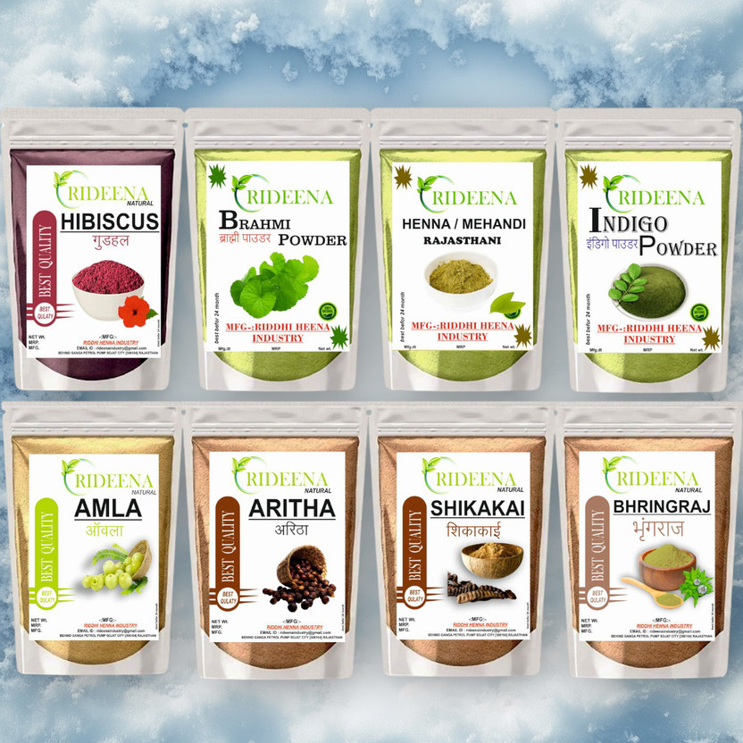 Rideena Export Amla Reetha Shikakai Bhringraj Hibiscus Brahmi Heena indigo Powder(800 g)