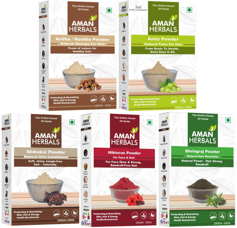 Aman Herbals 5-in-1 Herbal Hair Care Combo Amla Aretha Shikakai Bhringraj Hibiscus Powder(500 g)