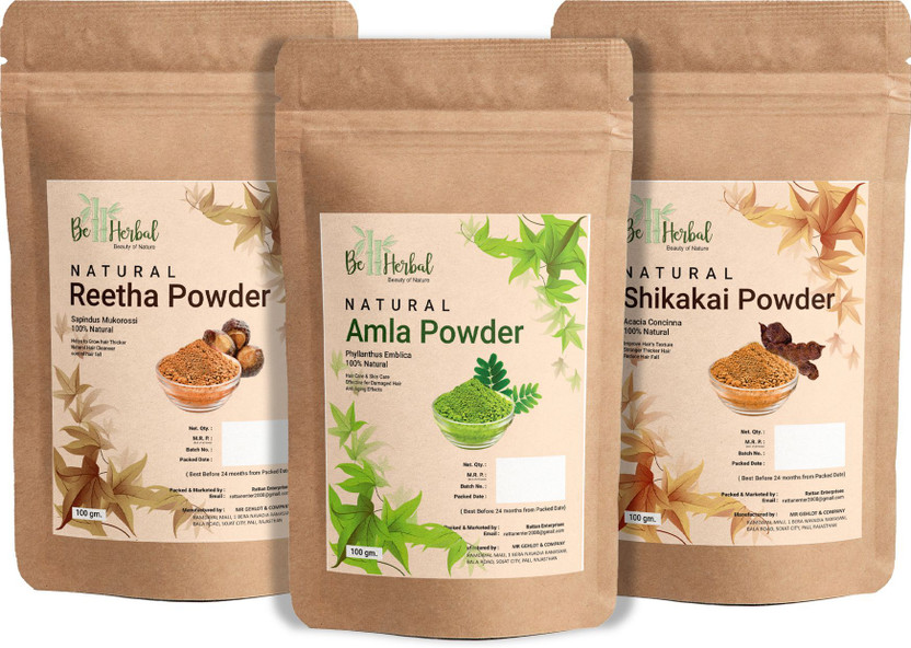 BE HERBAL Amla+Reetha+Shikakai powder Combo Pack for Black Hair Color, Shining (3-in-1)(300 g)
