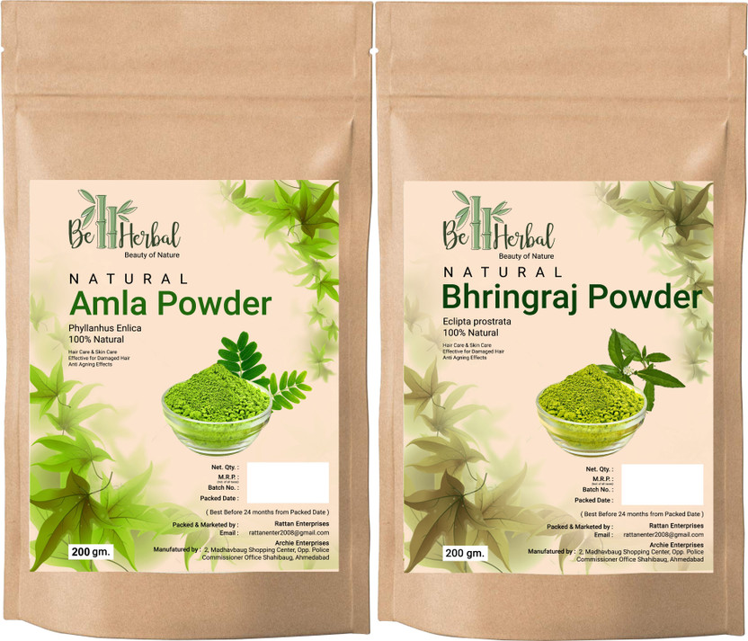 BE HERBAL Amla + Bhringraj Powder Combo-Pack For Hair Growth & 100% Natural (200g Each)(400 g)
