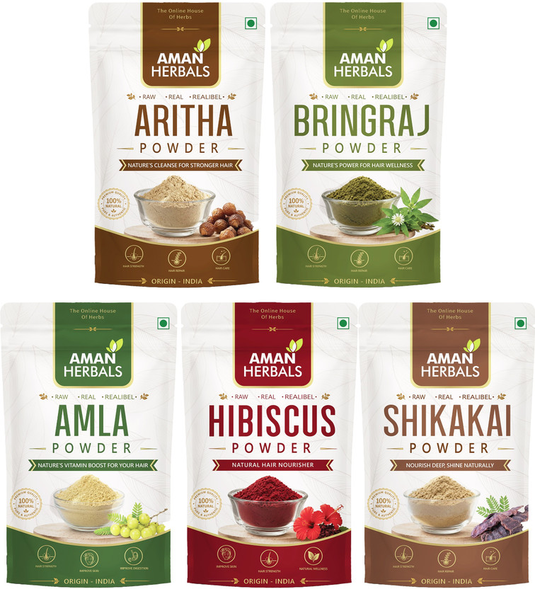 Aman Herbals 5-in-1 Herbal Hair Care Combo Amla Aretha Shikakai Bhringraj Hibiscus Powder(500 g)