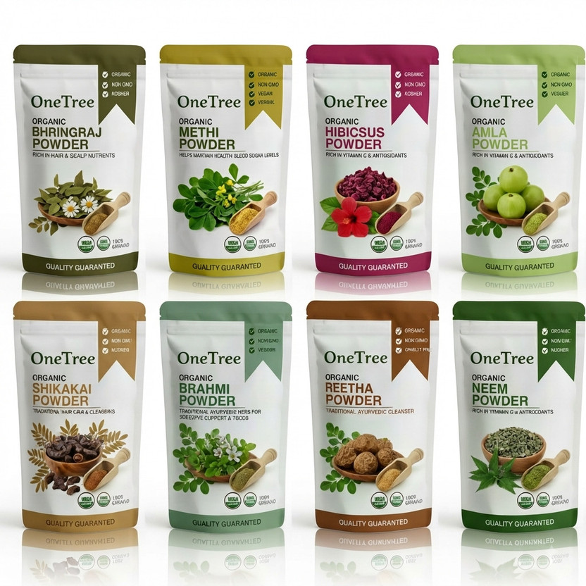 Onetree Organic Amla Reetha Shikakai Bhringraj Brahmi Neem Methi Hibiscus Powder Combo(400 g)