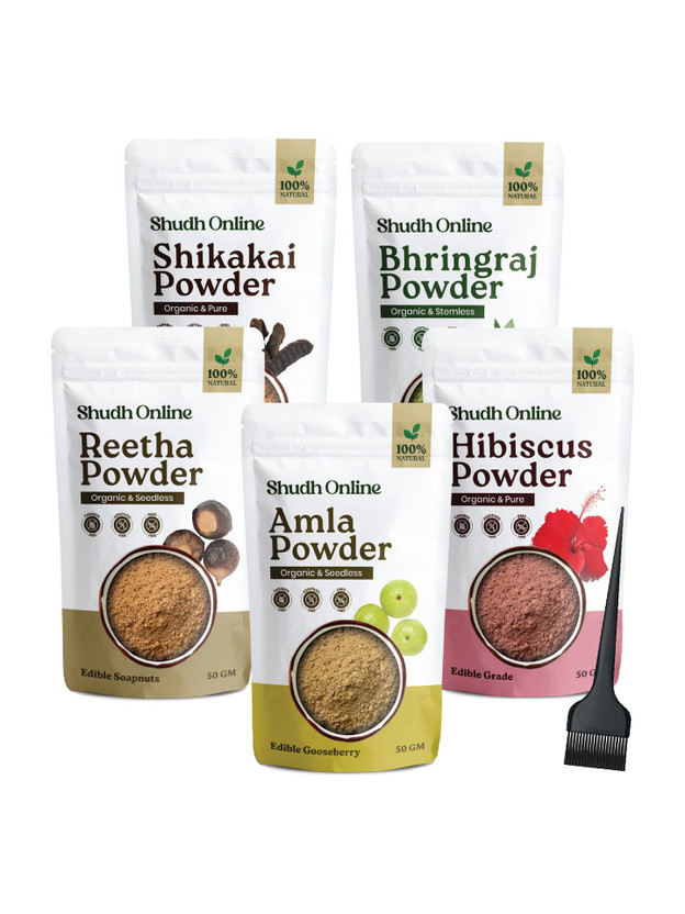 Shudh Shudh Online Amla Reetha Shikakai Bhringraj Hibiscus Powder Combo for Hair Growth (50g each)(250 g) - Flipkart Deal
