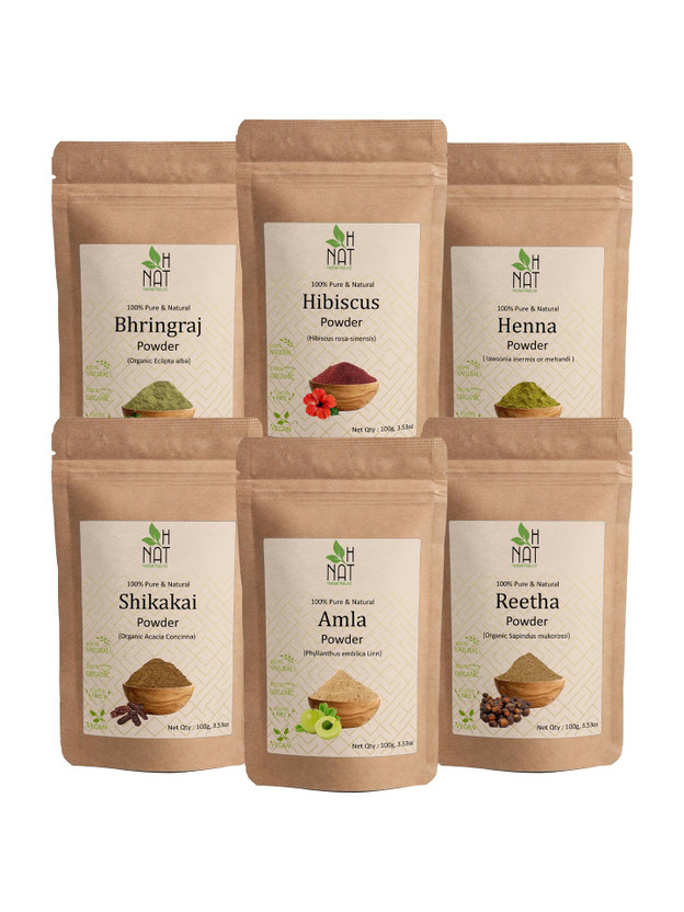 H NAT 100% Pure Amla Reetha Shikakai Bhringraj Hibiscus Henna For Hair(600 g)