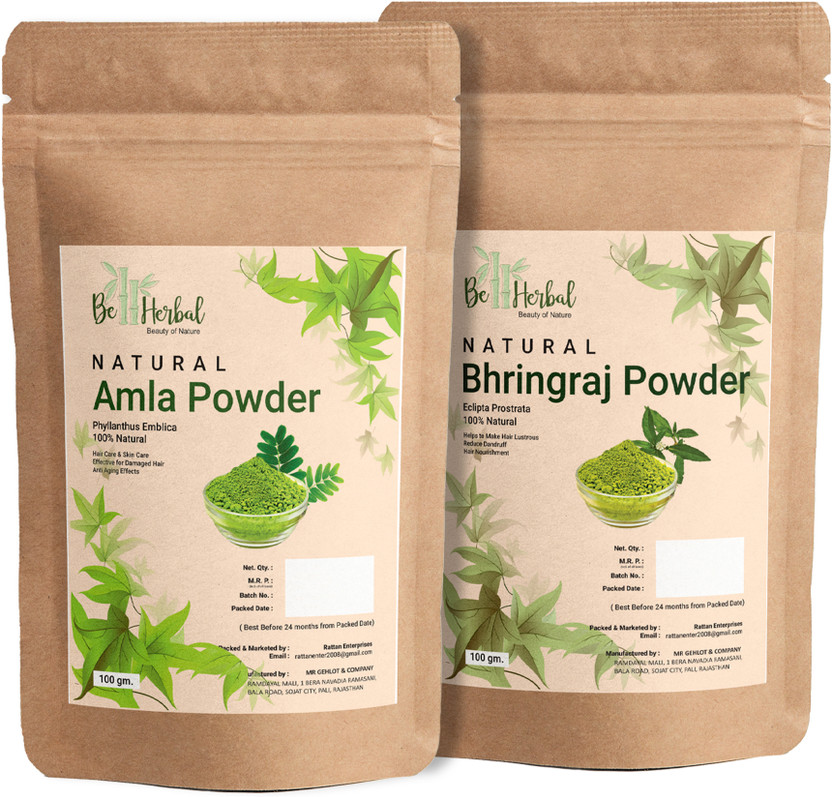 BE HERBAL Amla + Bhringraj Powder Combo-Pack For Hair Growth & 100% Natural (100g Each)(200 g)