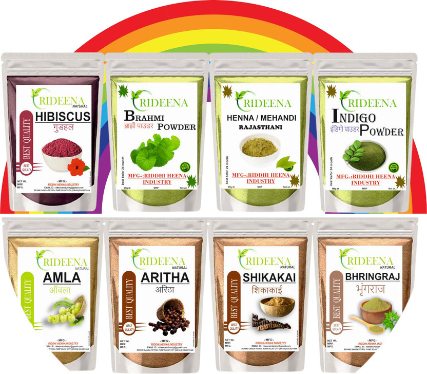 Rideena Export And Natural Aritah Amla Shikakai Bhringraj hibiscus Brahmi Heena Indigo(800 g)
