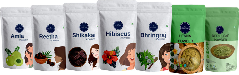 VEDICINE Bio Organic Amla Reetha Shikakai Hibiscus Bhringraj Henna Neem Powder For Hair care (70gm Each)(490 g)