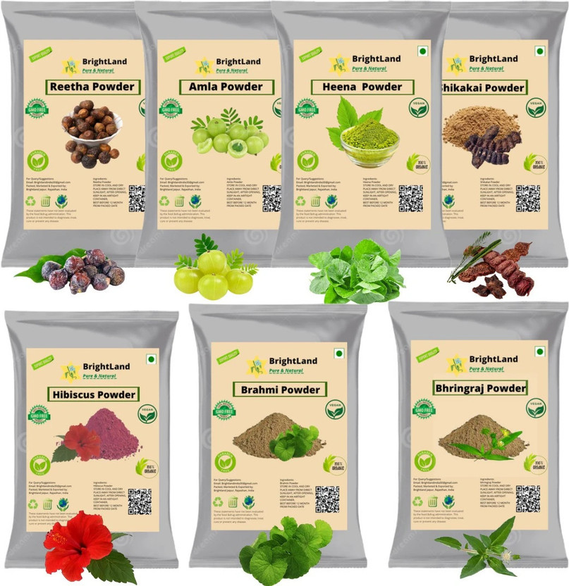 Brightland 100% Bio Organic Amla Reetha Shikakai Hibiscus Bhringraj Henna Brahmi Powder For Hair care [105gm Each](735 g)