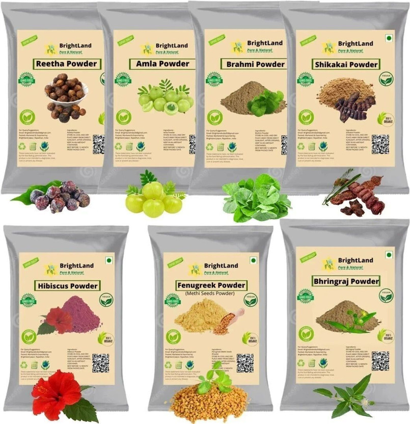 Brightland 100% Bio Organic Amla Reetha Shikakai Hibiscus Bhringraj Brahmi Fenugreek (Methi Seeds) Powder For Hair care [60gm Each](420 g)