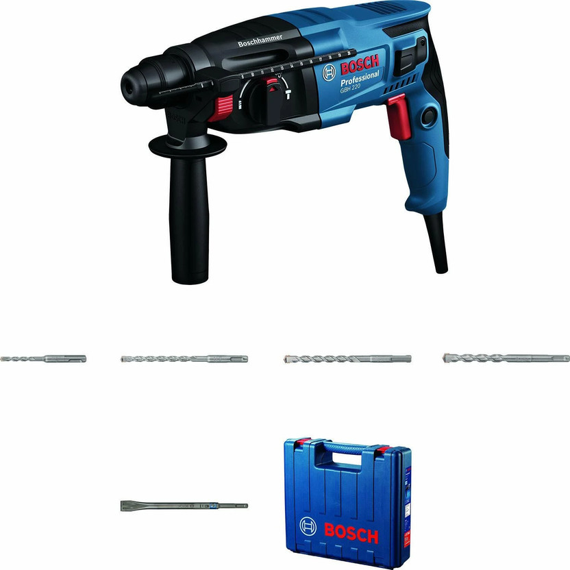 BOSCH GBH 220 KIT with (SDS Plus Drill bits + SDS Chisel) Professional Corded Electric Rotary Hammer Drill(22 mm Chuck Size, 720 W)