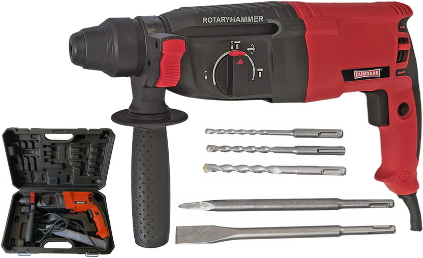 DUMDAAR DM26 1600w Red Rotary Electric Hammer Drill machine with 2pc Chisel and 3pc Hammer Bit Rotary Hammer Drill(26 mm Chuck Size, 1600 W)