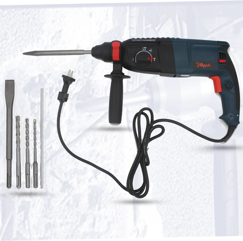 Hillgrove 100% Copper Winding H26H5 All Purpose 26mm Hammer Impact Drill Machine Forward/Reverse Rotaion with 5 Bits for Making Holes in Metal/Wood/Concrete Hammer Drill(26 mm Chuck Size, 1200 W)