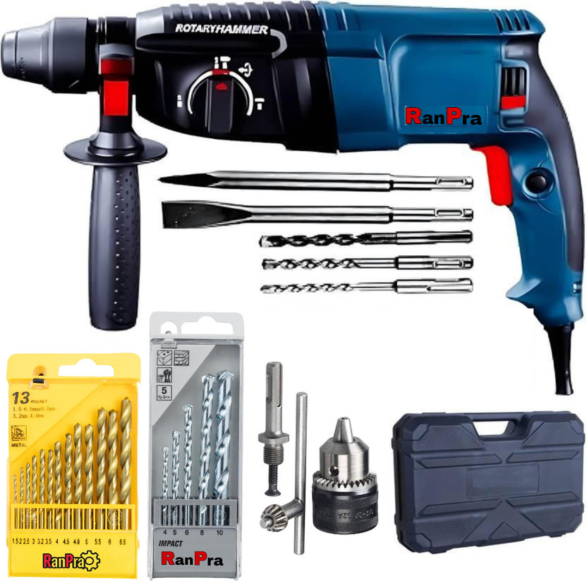 RanPra RP26 100% Copper winding Machine with 5pc bit 13mm drill chuck & Adaptor 13pc HSS 5Pc Masonry bit Rotary Hammer Drill(26 mm Chuck Size, 1250 W)