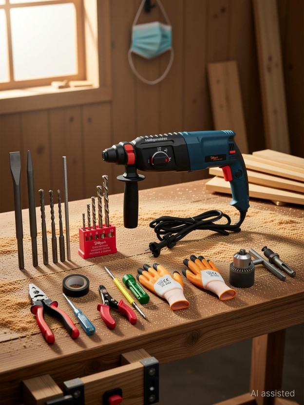 Hillgrove 100% Copper Winding HGCM28M1 Machine with Hand Tool Kit Drill Chunk(13mm),SDS Adapter,5Pcs SDS Plus,5Pcs MasonryBit Set HGCM28M1 Rotary Hammer Drill(26 mm Chuck Size, 1200 W)