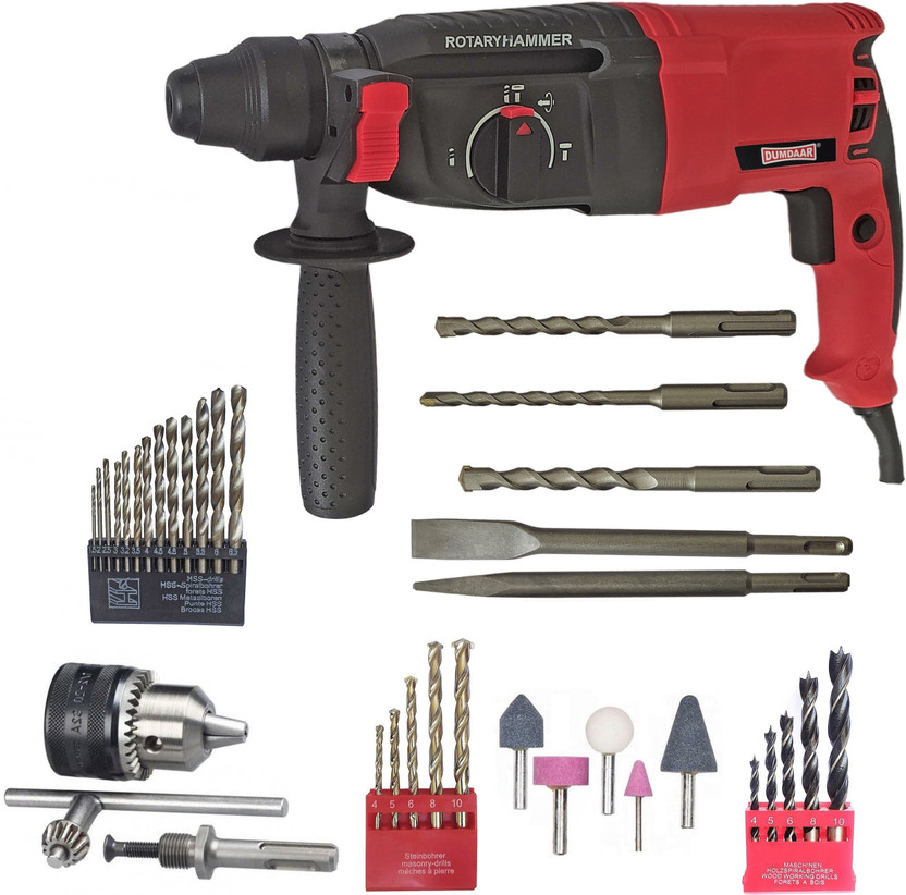 DUMDAAR DM26 Machine 100% COPPER WINDING with 5pc bit 5pc Stone and 13mm drill chuck & Adaptor 13pc HSS 5pc Masonry with 5pc Wood bit Rotary Hammer Drill(26 mm Chuck Size, 1250 W)