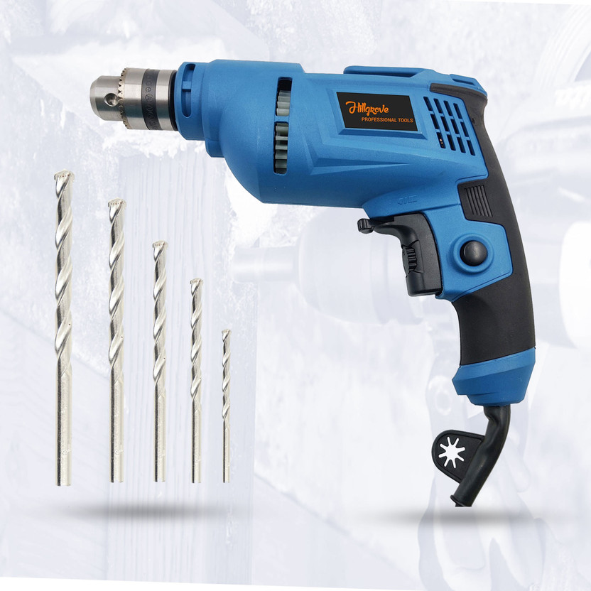 Hillgrove HGPD2M5 500W Power Drill Machine with 5 Drill Bits for Making Holes in Metal/Wood/Concrete with Reverse Rotation and Variable Speed Pistol Grip Impact Driver(10 mm Chuck Size, 500 W)
