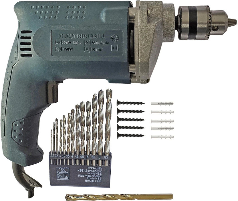 Inditrust 100% Copper Winding 10mm Blue Electric drill machine with 13pc hss1pc Masonry & 10pc Gitti Screw set Hammer Drill(10 mm Chuck Size, 350 W)