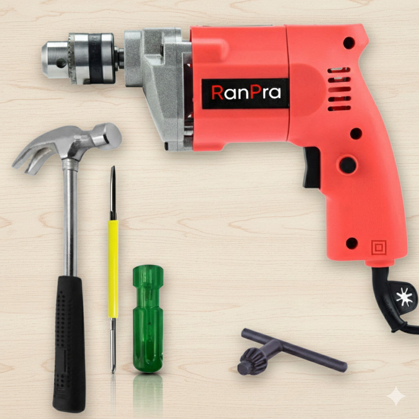 RanPra 10MM DRILL MACHINE HEAVY DUTY 10MM DRILL 13MM DRILL MACHINE ( 100% COPPER WINDING ) WITH 13PCS DRILL BIT SET FOR DRILLING Hammer Drill(10 mm Chuck Size, 650 W)
