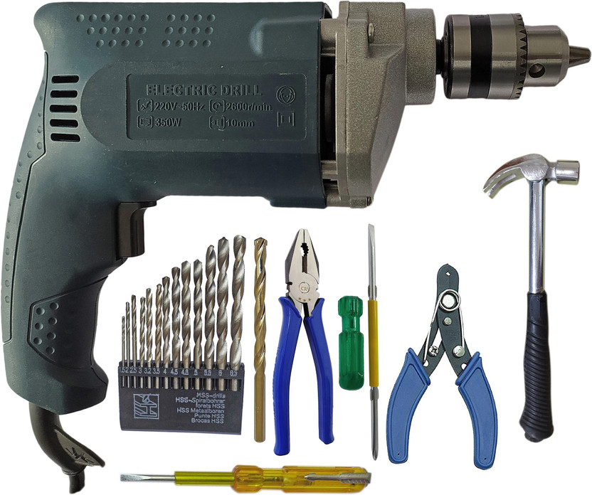 DUMDAAR 6-Month Warranty Electric Machine with 13pc hss Plier Wire 100 Cutter Tester Screwdriver Claw Hammer Masonry bit Set (Pack of 8) Hammer Drill(10 mm Chuck Size, 350 W)