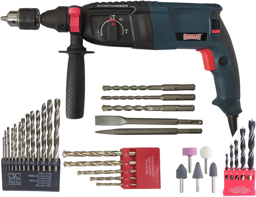 DUMDAAR DUMDAAR DM26 1600W 26mm Hammer Drill Machine 100% Copper winding with 5pc bit 13mm drill chuck & Adaptor 13pc HSS 5Pc Masonry & Wood bit 5pc Stone Rotary Hammer Drill(26 mm Chuck Size, 1600 W) - Flipkart Deal