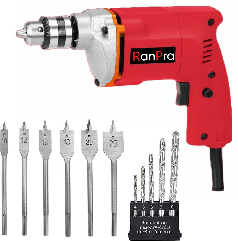 RanPra 10MM DRILL MACHINE WITH 6PCS WOOD FLAT BIT & 5PCS HSS BIT | 10MM DRILL | RH-437 9 KG DEMOLITION/BREAKER MACHINE HEAVY DUTY 3200 WATT Hammer Drill(10.2 mm Chuck Size, 2600 W)