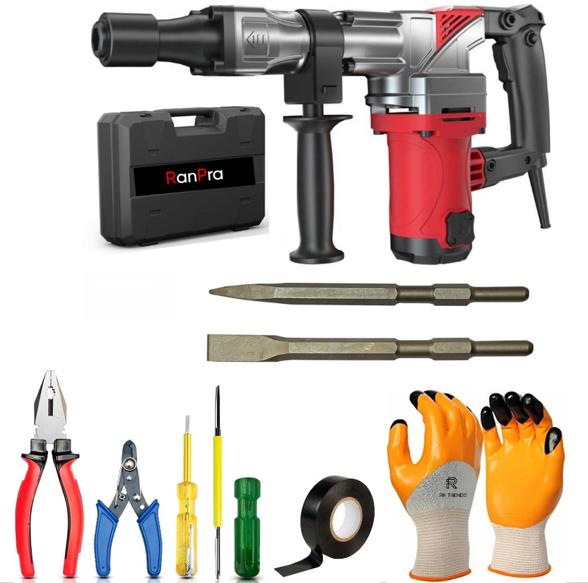 RanPra 7 KG DEMOLITION BREAKER HEAVY DUTY Hammer Drill With Hand Tool & Safety Gloves Power & Hand Tool Kit(6 Tools)