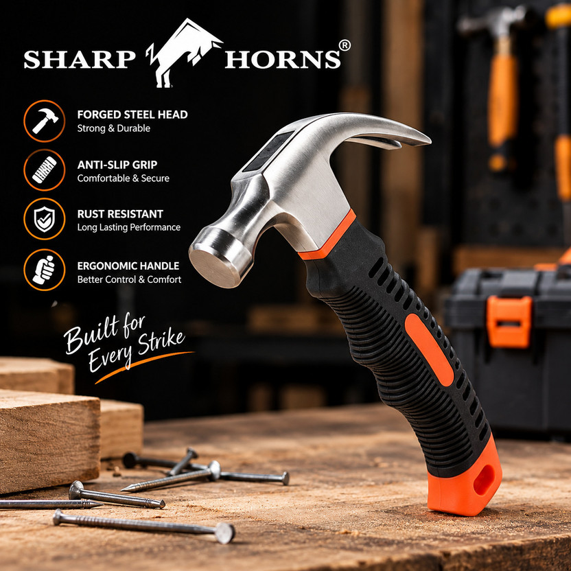 SHARPHORNS Mini Hammer Hathodi - Carpenter Claw Hammer Horn Hammer Broken Window Hammer Handle Rubber Grip, 1PCS Small Hammer Mini Claw Hammers Short Handle Grip Straight Claw Hammer(0.455 kg)